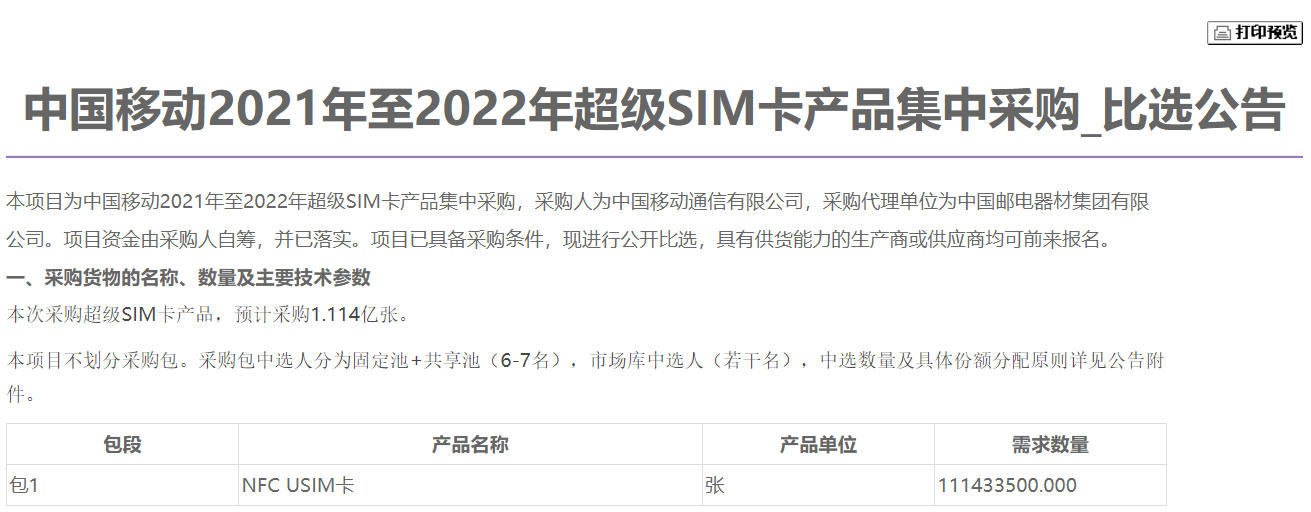 中国移动超级SIM卡产品集采：预采购1.114亿张